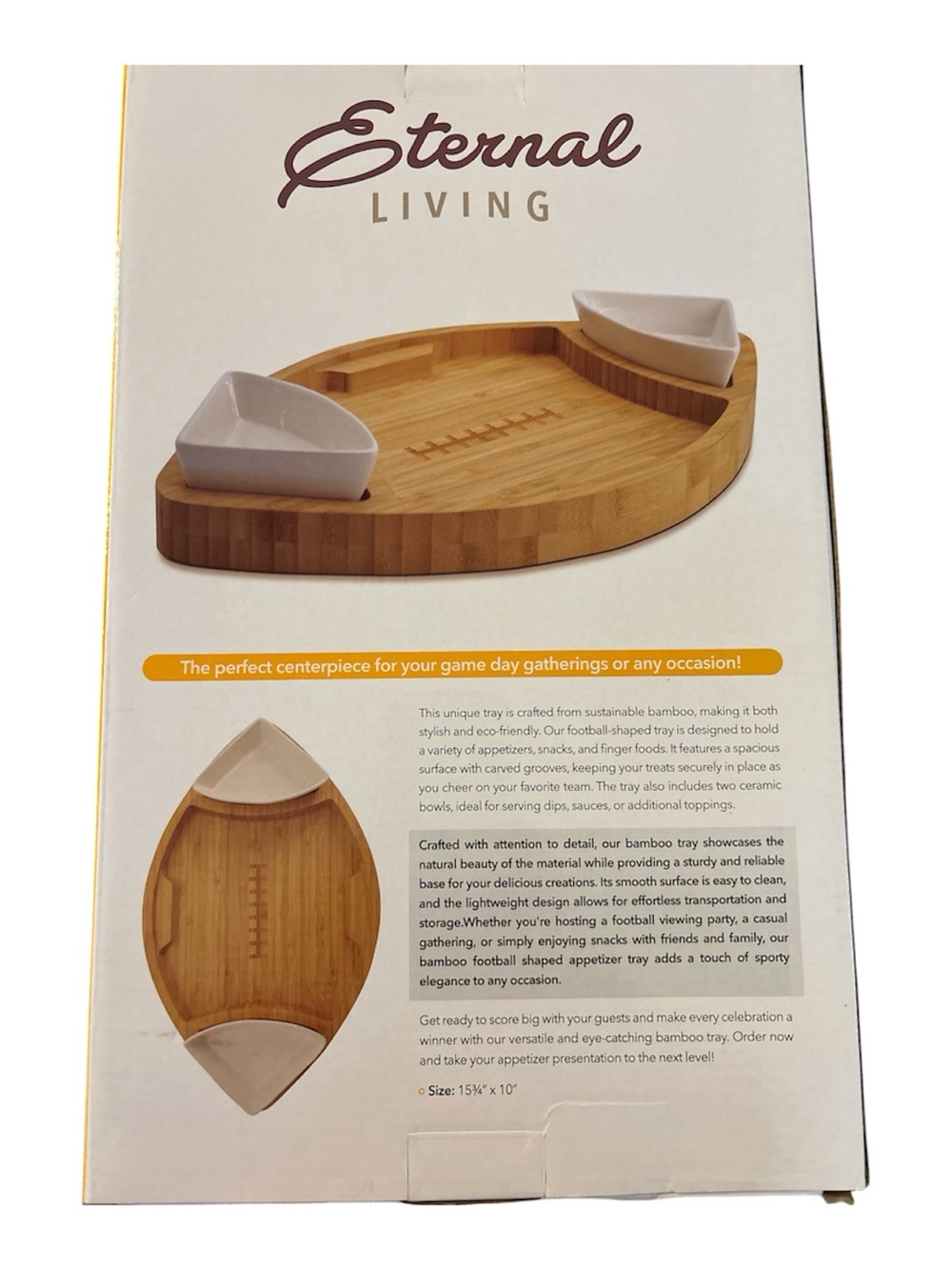 Bamboo Football Shaped Serving Tray - Natural Brown with 4 Football Side Plates - Picture 3 of 4